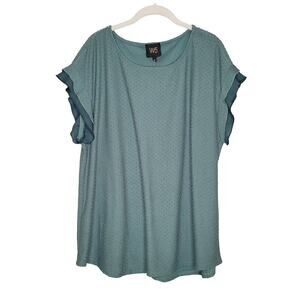 Anthropologie W5 shirt womens size 2X green short sleeve blouse flutter plus dot